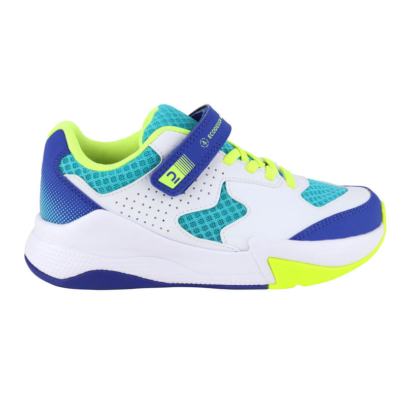 Chaussures de volley-ball VS100 confort avec scratches blanche/blue et vert.