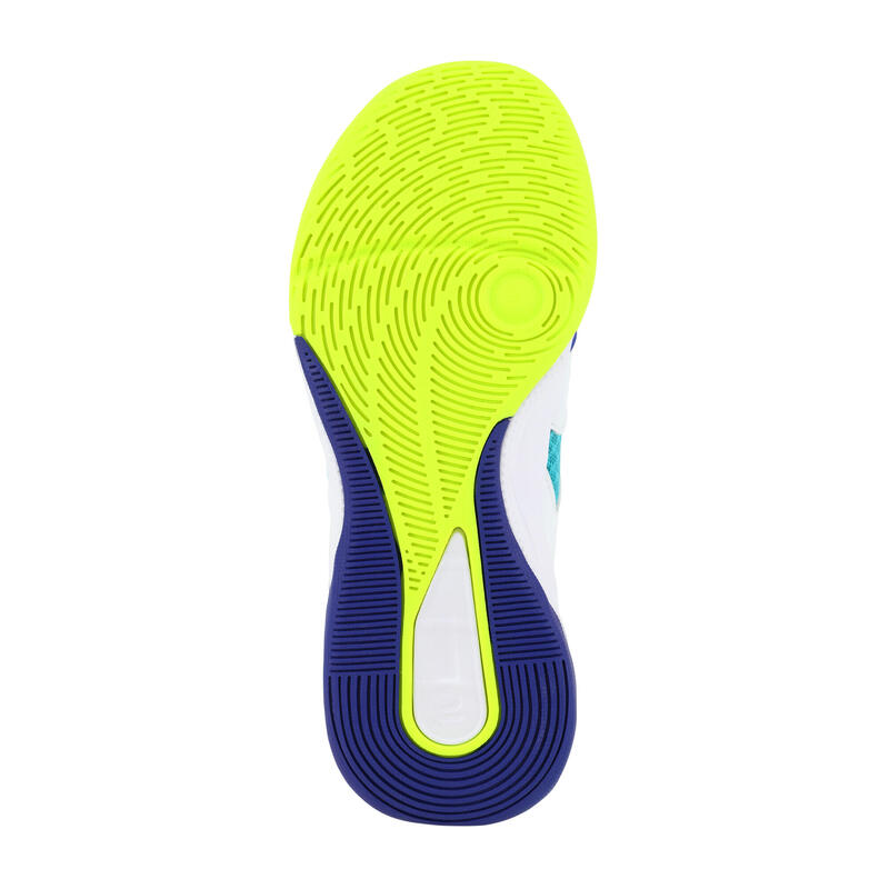 Chaussures de volley-ball VS100 confort à lacets blanche/blue et vert.