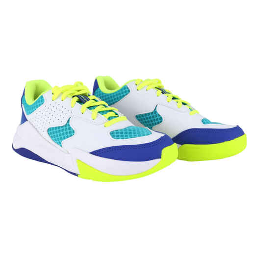 
      Detská volejbalová obuv VS100 Confort so šnúrkami bielo-modro-zelená
  