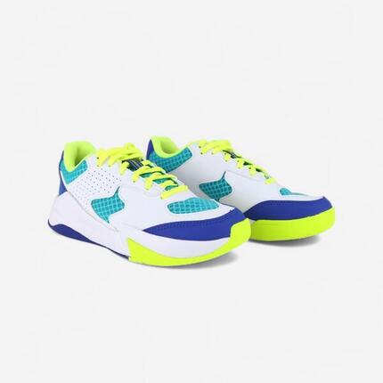 Chaussures de volley-ball vs100 confort avec scratches blanche/blue et vert.