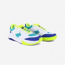 Chaussures de volley-ball vs100 confort avec scratches blanche/blue et vert.