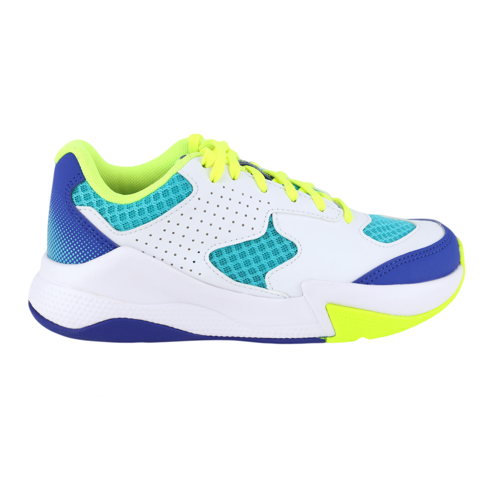 VS100 comfort volleyball shoes with white/blue and green laces.