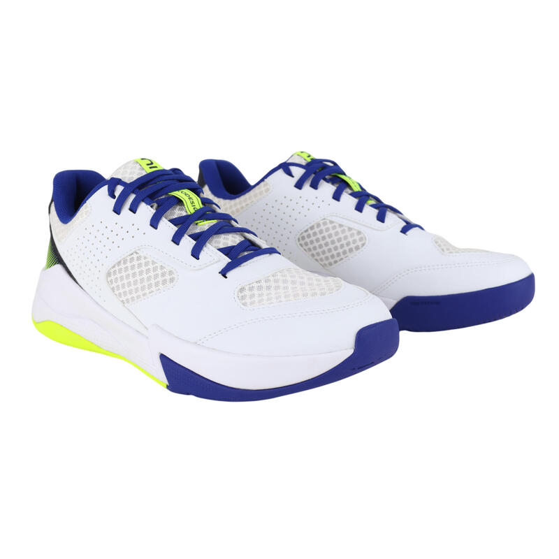 Zapatilla voleibol adulto confort blanca/Azul y Amarillo fluo.