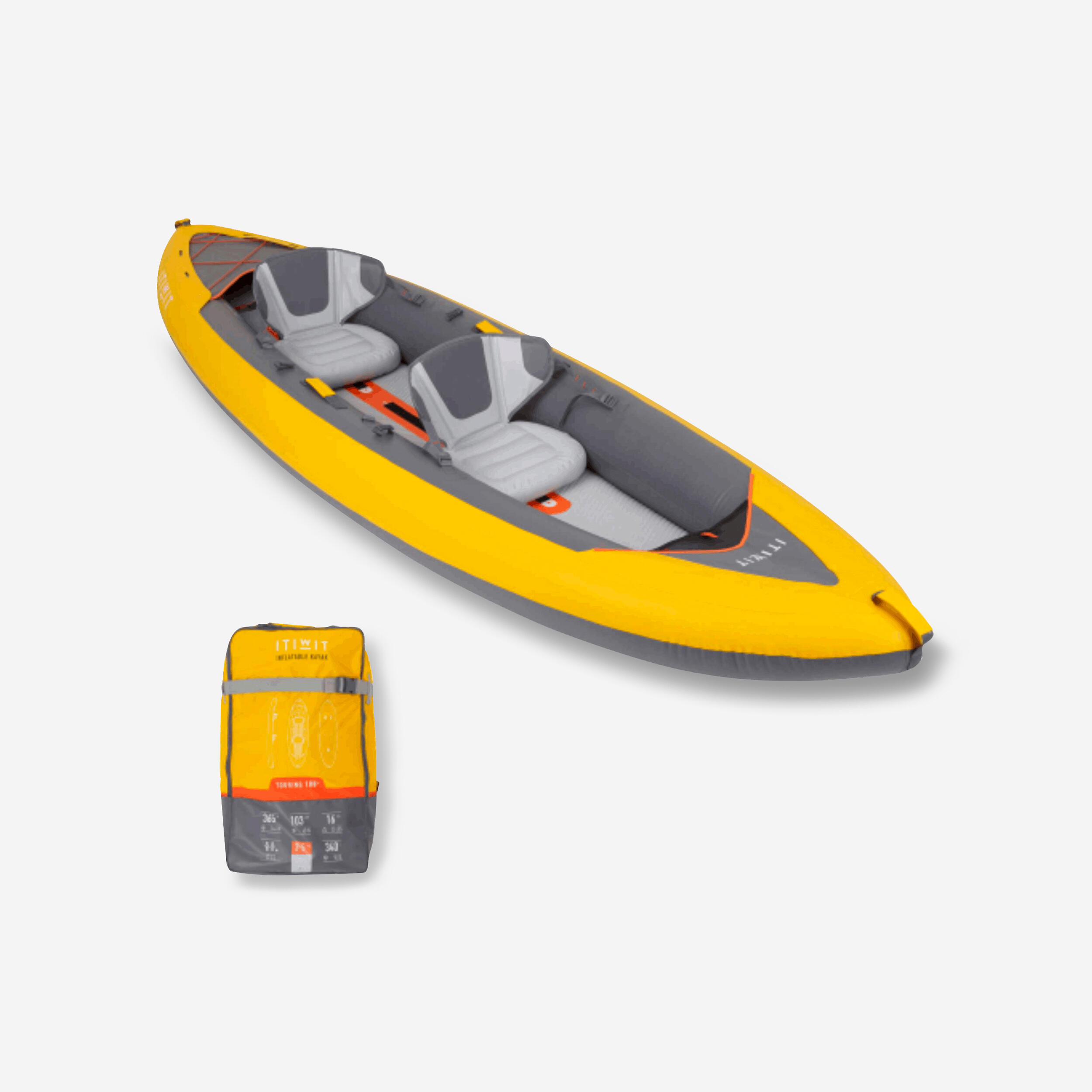 Itiwit - Canoë Kayak Gonflable 2 Places De Randonnée Fond Haute Pression - X100+ - Kayak - Stand Up Kayak Deriveur - Gris-jaune-orange - Taille Unique