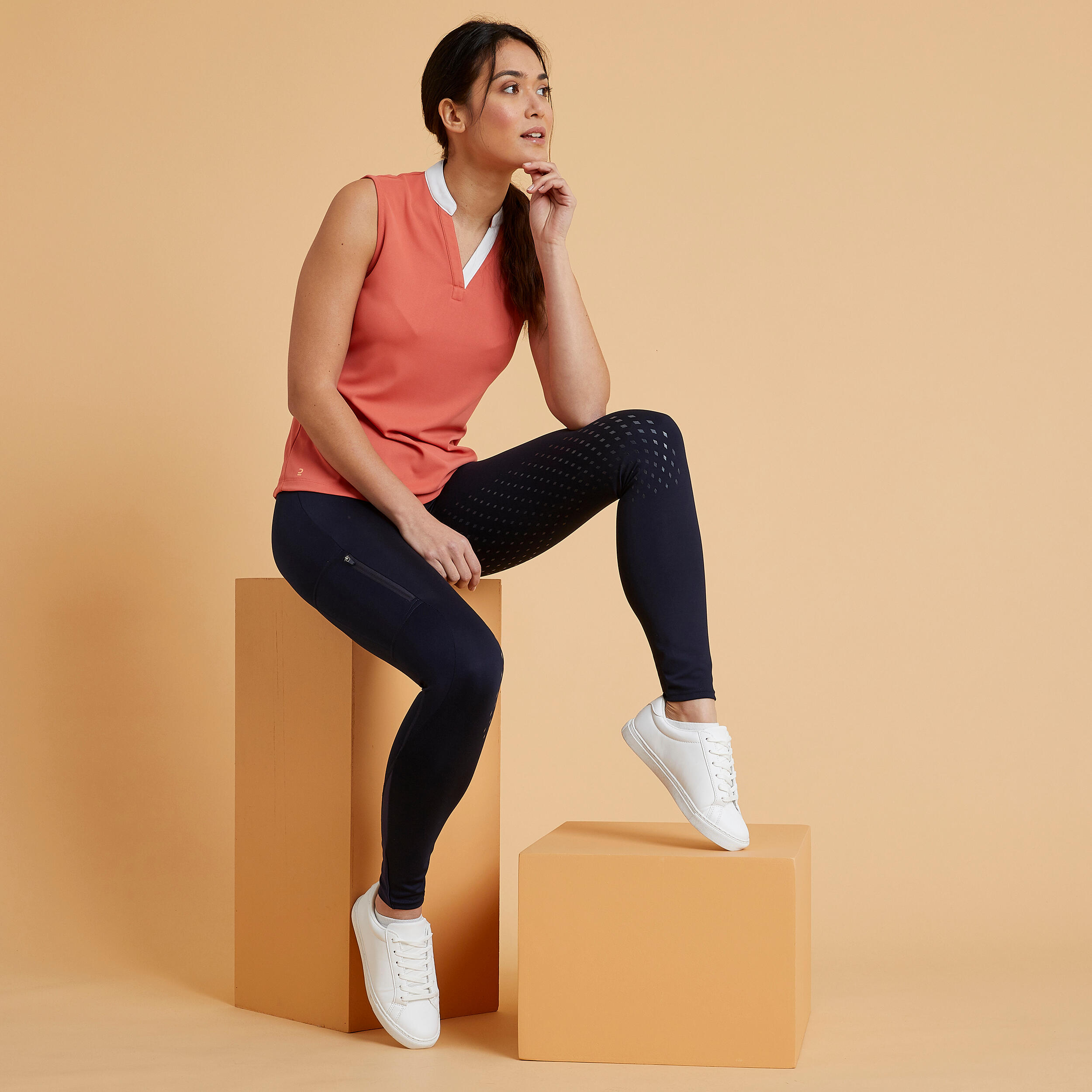 Pantalón Mallas equitación 500 Badana Silicona Mujer Fouganza azul marino 3/8