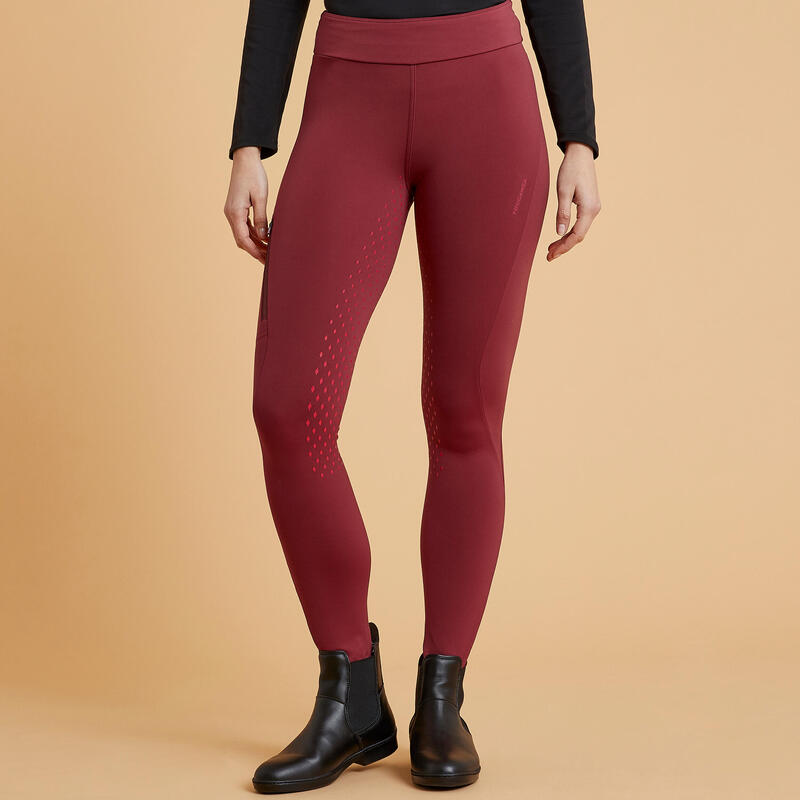 Women's Horse Riding Leggings With Silicone Patches 500 - Burgundy Pink