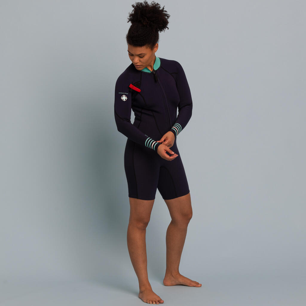 Women's Sea Walking Long-sleeved Neoprene Short Wetsuit 2/2 mm - Dark Blue