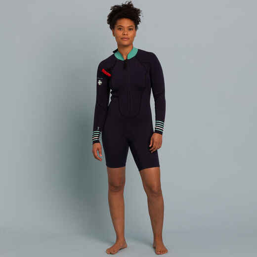 
      Women's Sea Walking Long-sleeved Neoprene Short Wetsuit 2/2 mm - Dark Blue
  