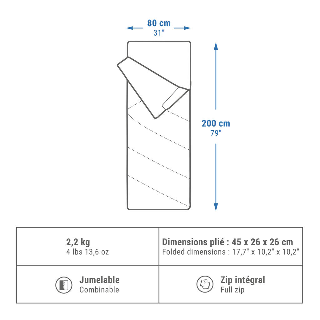 Kempingový spací vak Arpenaz od 10° z bavlny modrý