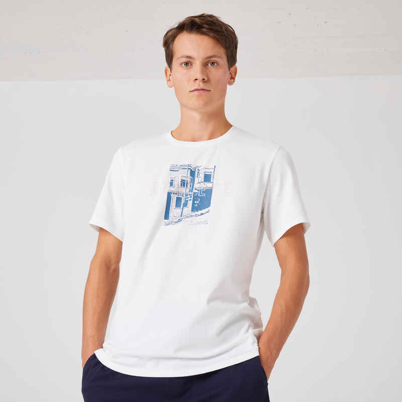T-Shirt Fitness Baumwolle dehnbar Herren weiss bedruckt