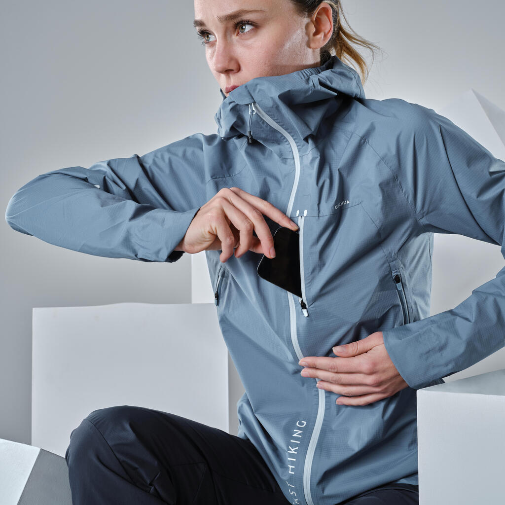 Women’s ultra-light waterproof fast hiking jacket - FH500 Rain - Blue