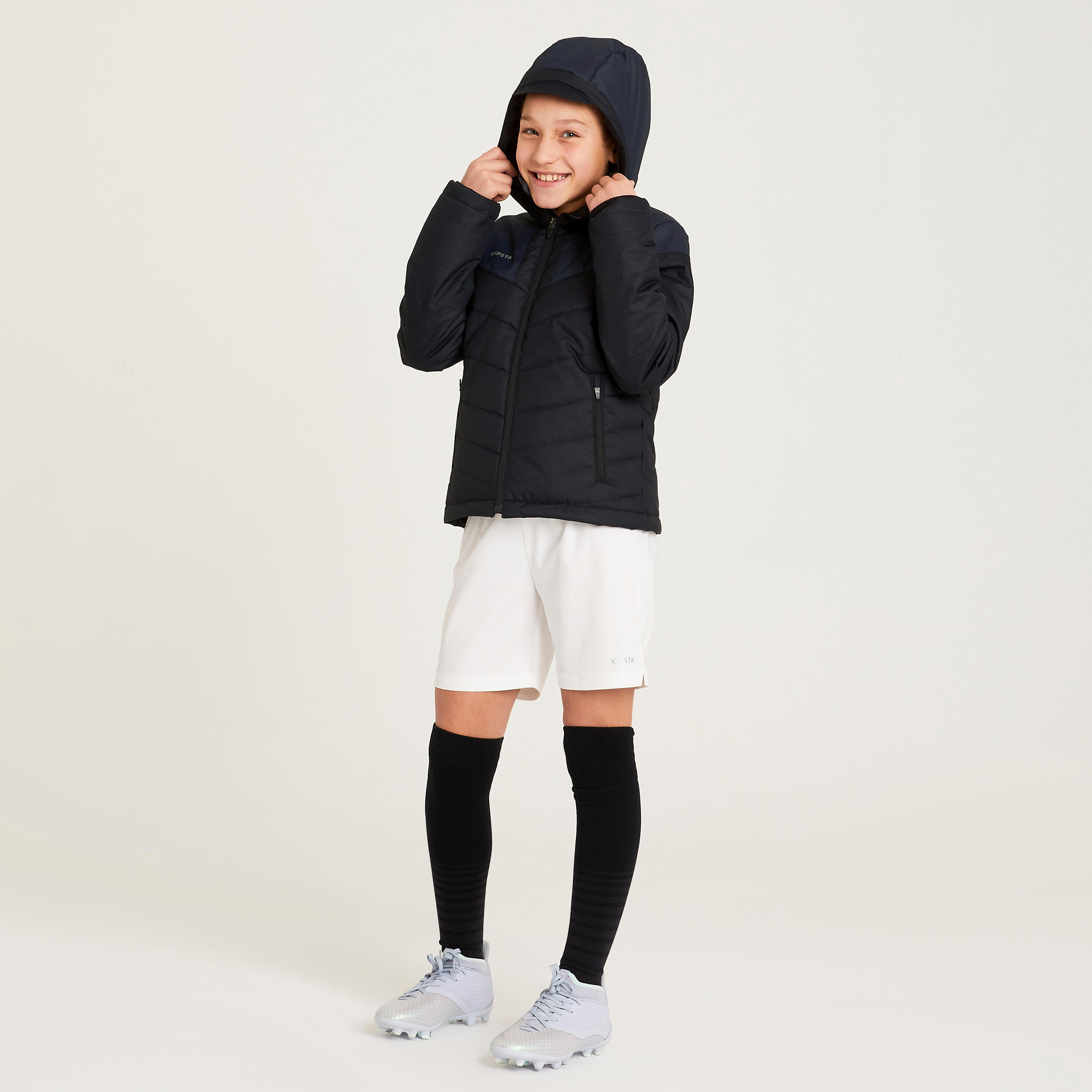 CHAQUETA CÁLIDA CORTA DE FÚTBOL NIÑOS NEGRA  4/7