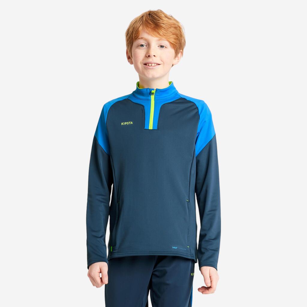 Sweat de football 1/2 zip VIRALTO SOLO JR bleu, gris et jaune fluo.