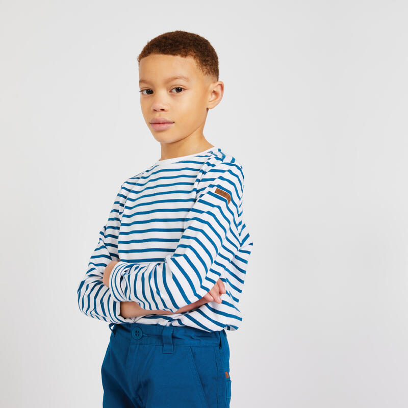 Chlapecké tričko na jachting s dlouhým rukávem Sailing 100 pruhované modro-bílé