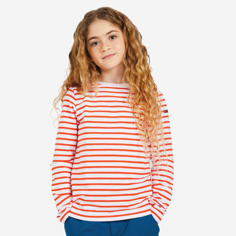 Camiseta vela manga larga marinera Niños Tribord Sailing 100 blanca rayas rojas