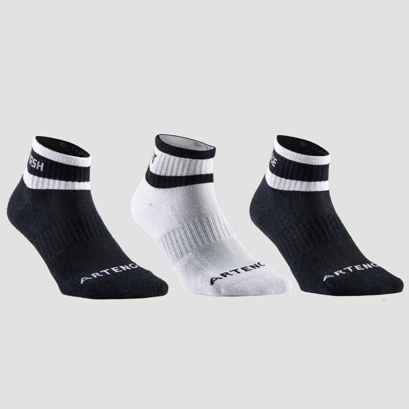 Mid-High Tennis Socks RS 500 Tri-Pack - Black/White/Black Stripes