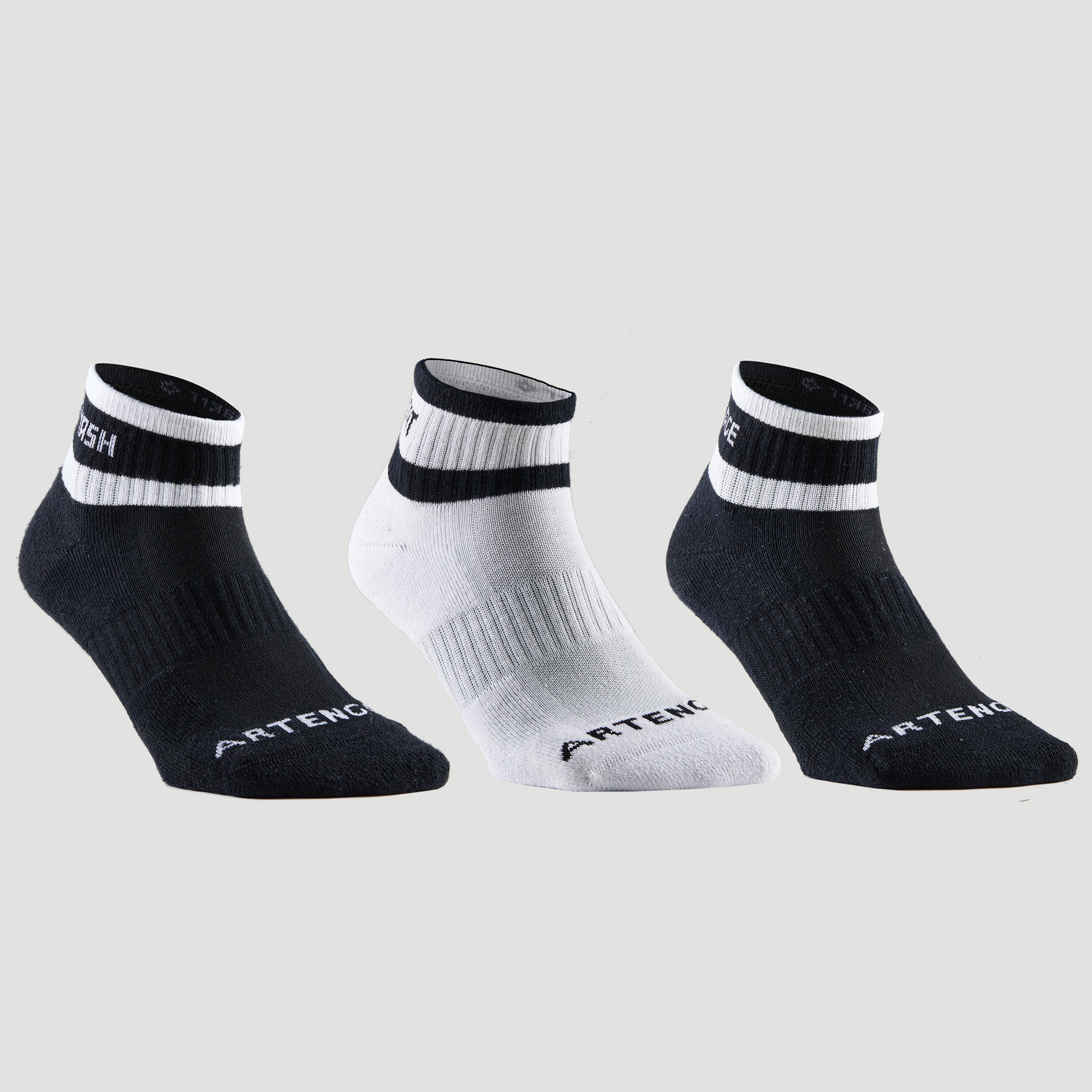 DECATHLON Mid-High Tennis Socks RS 500 Tri-Pack - Black/White/Black Stripes