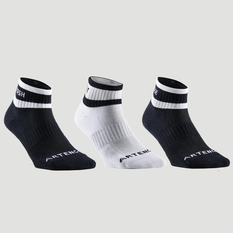 Polovysoké ponožky Artengo RS 500 3 páry černo-bílé s pruhy