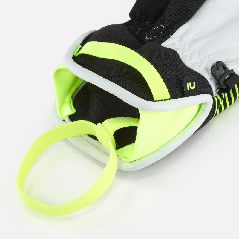 KIDS’ WARM AND WATERPROOF LOBSTER SKIING GLOVES - 900 - BLACK AND NEON YELLOW
