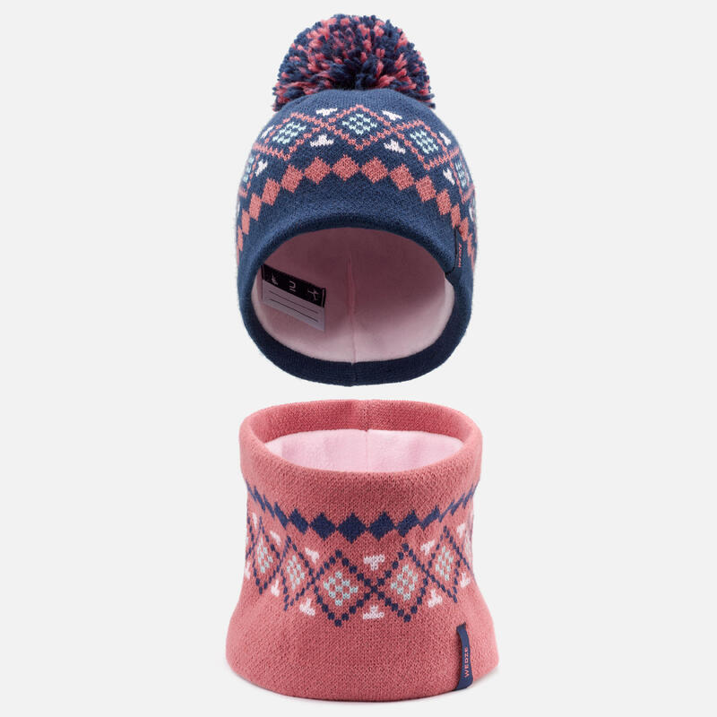 Gorro y braga de cuello de Bebé esquí / trineo de lunares azul marino y rosa