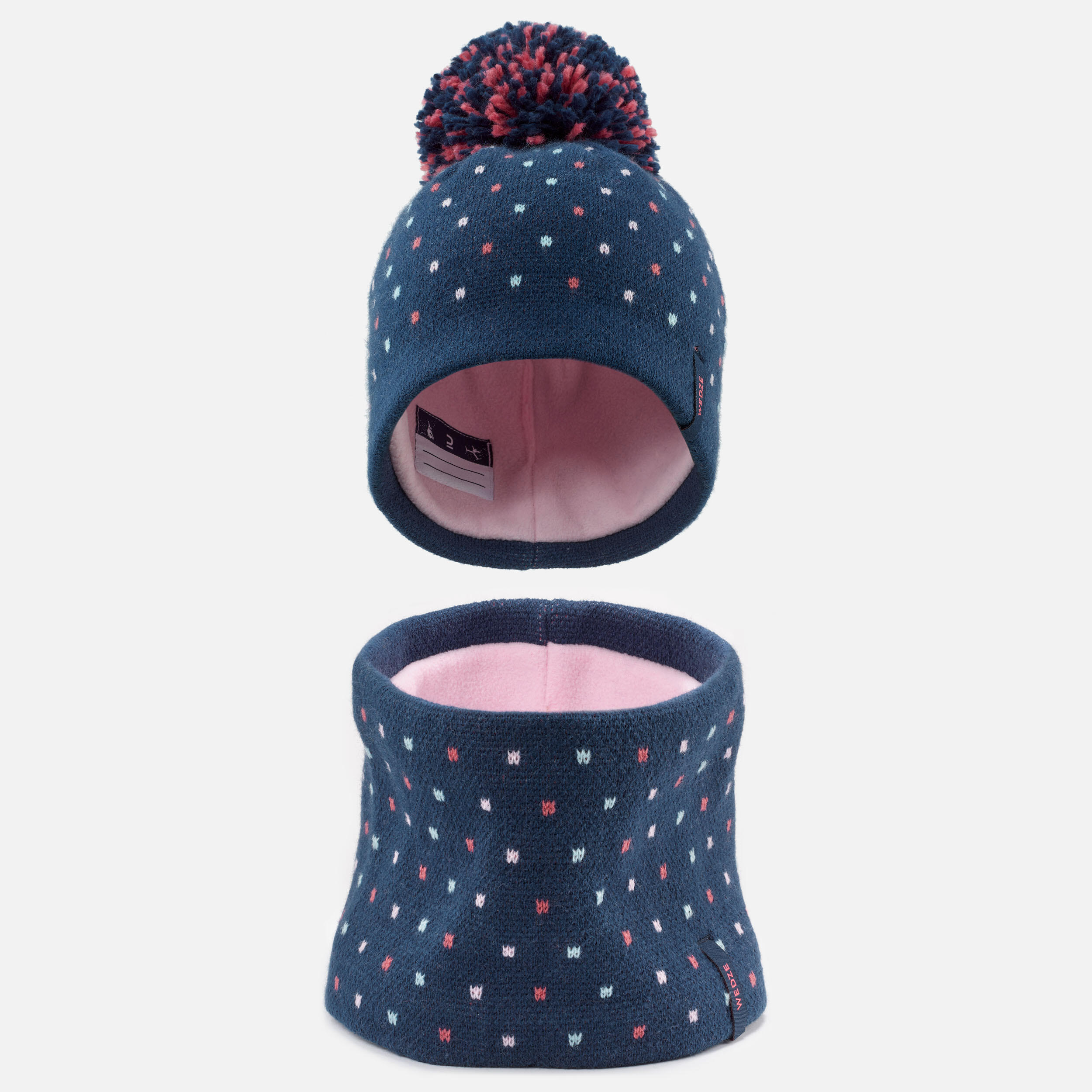 Cuffia e girocollo per bebè - CALDO con pois blu navy e rosa