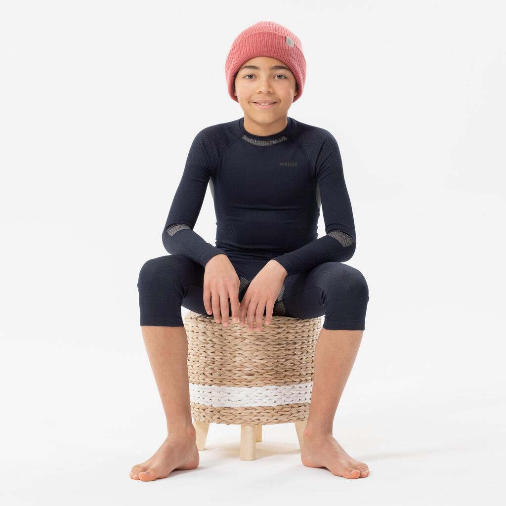 KIDS’ SKI BASE LAYER TOP - BL 500 SEAMLESS - BLUE & SAND