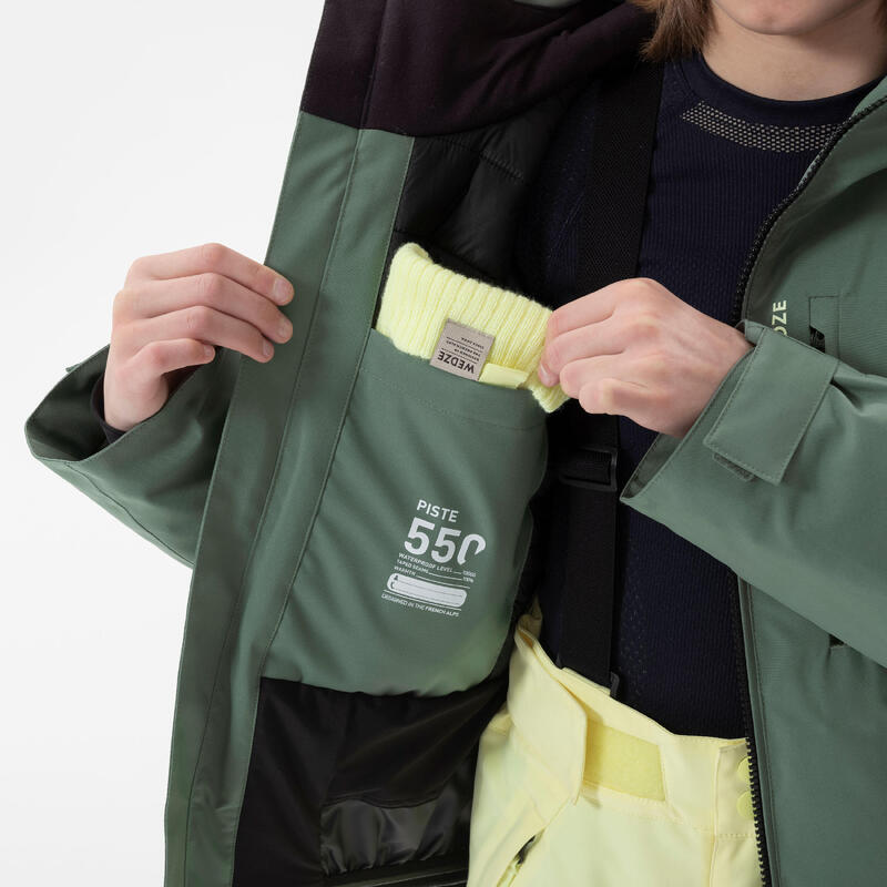 Veste de ski chaude et imperméable enfant 6-14 ans, 550 kaki
