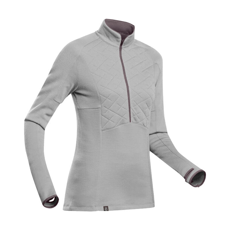 T-shirt en laine mérinos de trek montagne manche longue col zippé -MT900 - Femme