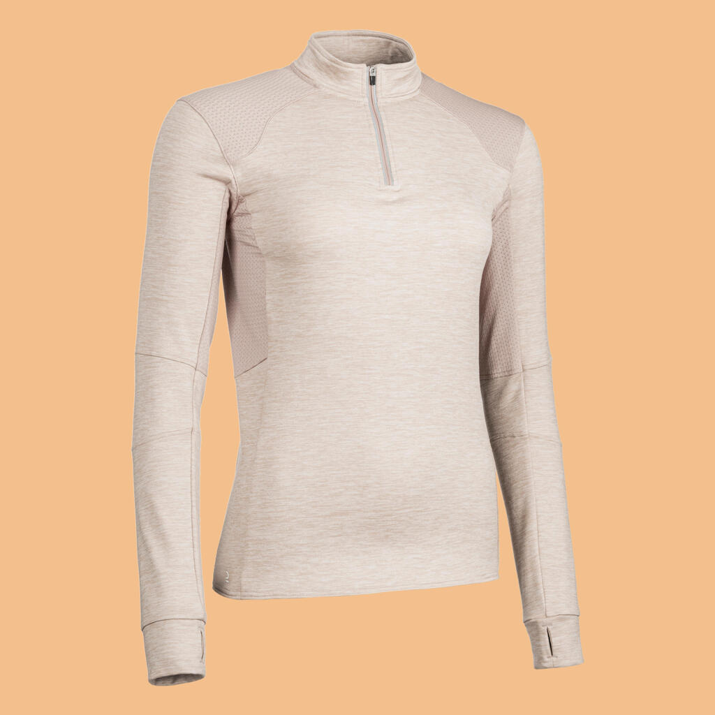 Women's Long-Sleeved Horse Riding Polo Shirt 500 Warm - Beige Nougat