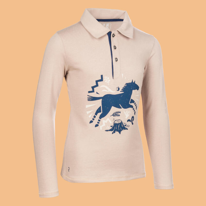 Poloshirt met lange mouwen voor paardrijden meisjes 100 beige en marineblauw