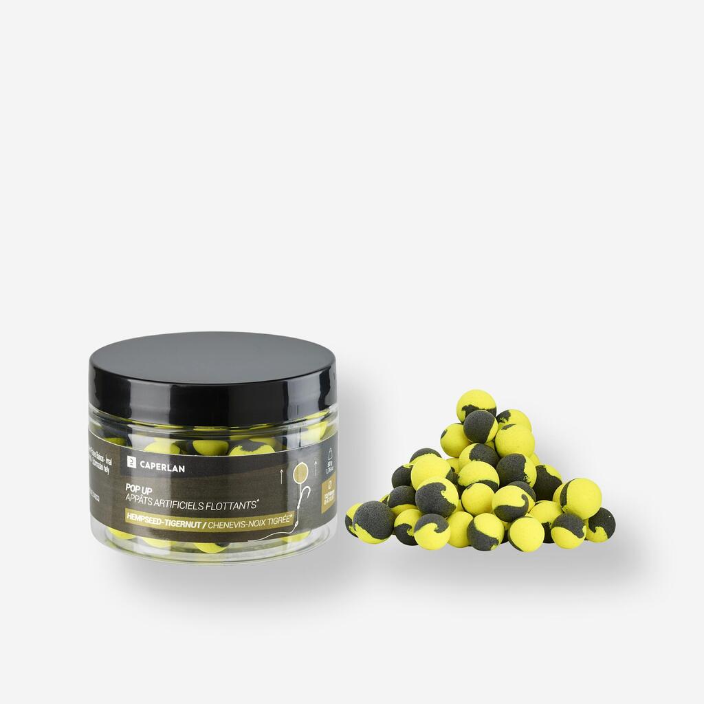 Plovni boiliji za krapolov s konopljini semeni in tigrovimi oreščki POP UP (od 12 mm do 14 mm)