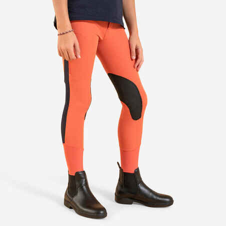 Kids' Horse Riding Lightweight Mesh Jodhpurs with Grippy Suede Patches 500 - Terra Cotta