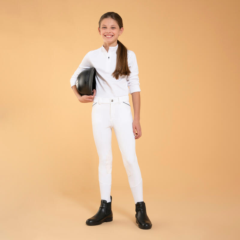 Pantalón Competición Equitación 500 Niños Blanco Badanas Adherentes