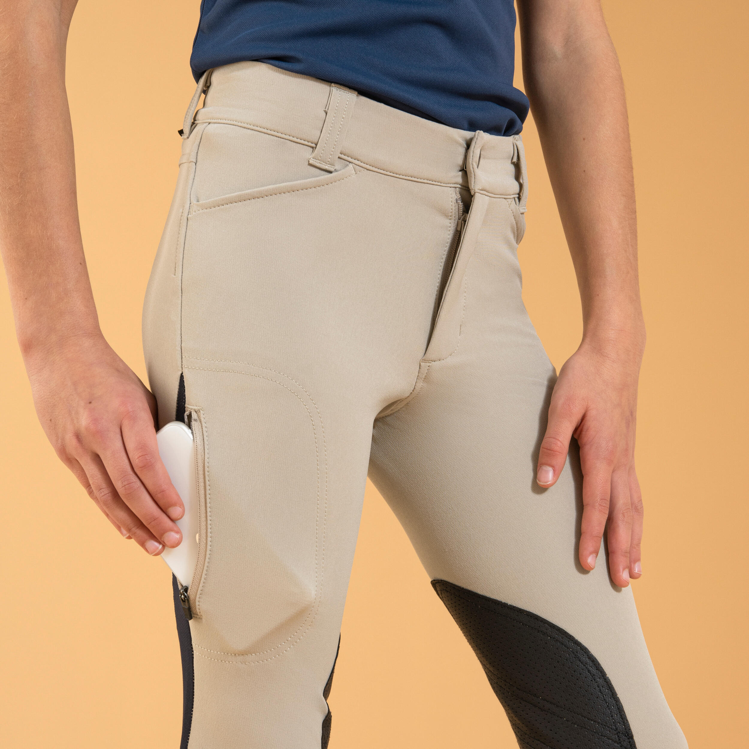 Kids' Horse Riding Lightweight Mesh Jodhpurs with Grippy Suede Patches - 500 Beige - FOUGANZA