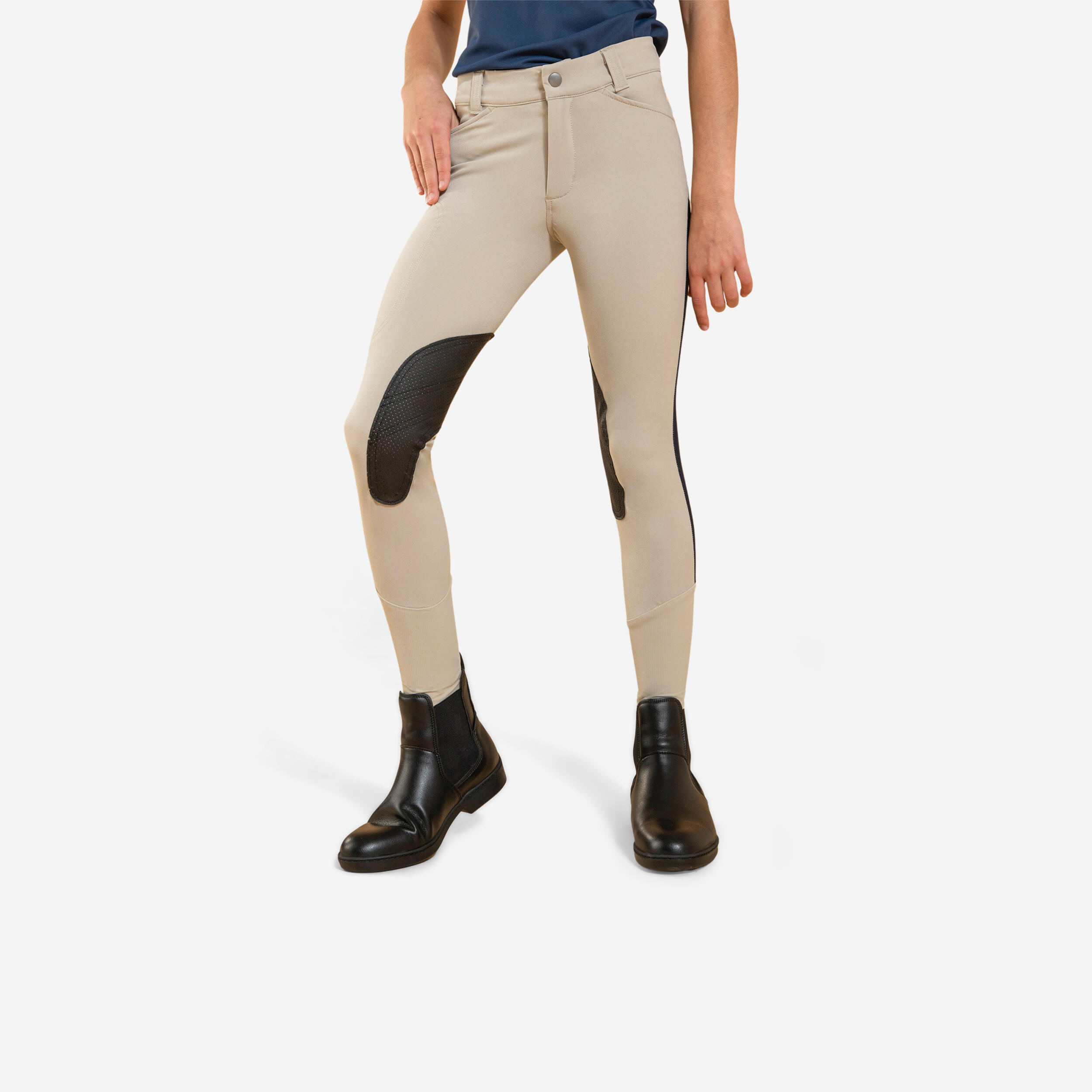 Pantaloni da equitazione in rete leggera per bambini con fasce per i piedi - 500 beige