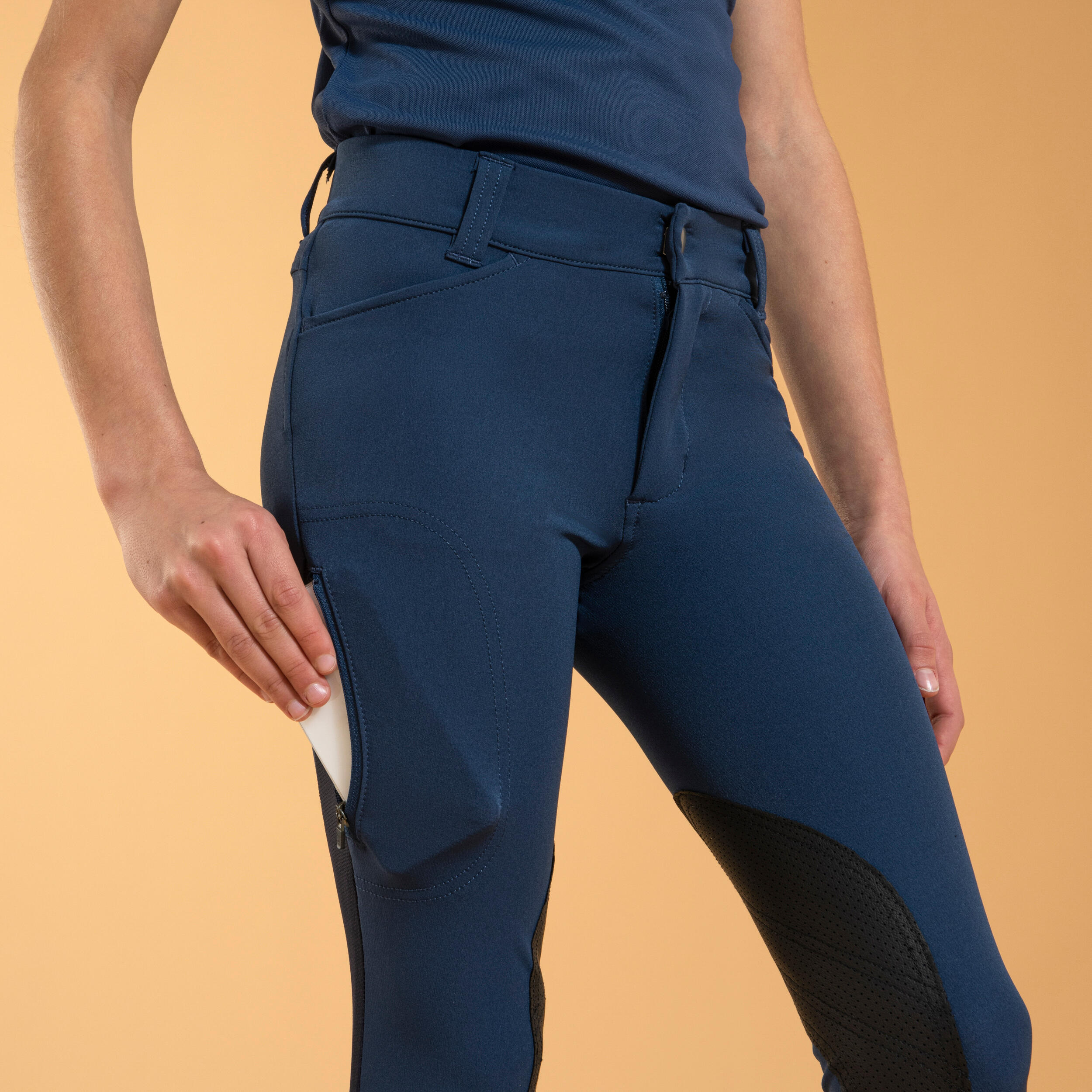 Kids' Horse Riding Lightweight Mesh Jodhpurs with Grippy Suede Patches - 500 Blue - FOUGANZA