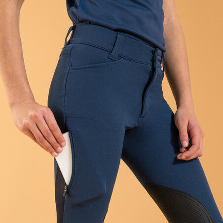 Pantalone za jahanje 500 mrežaste lagane s lepljivim zakrpama dečje - tamnoplave