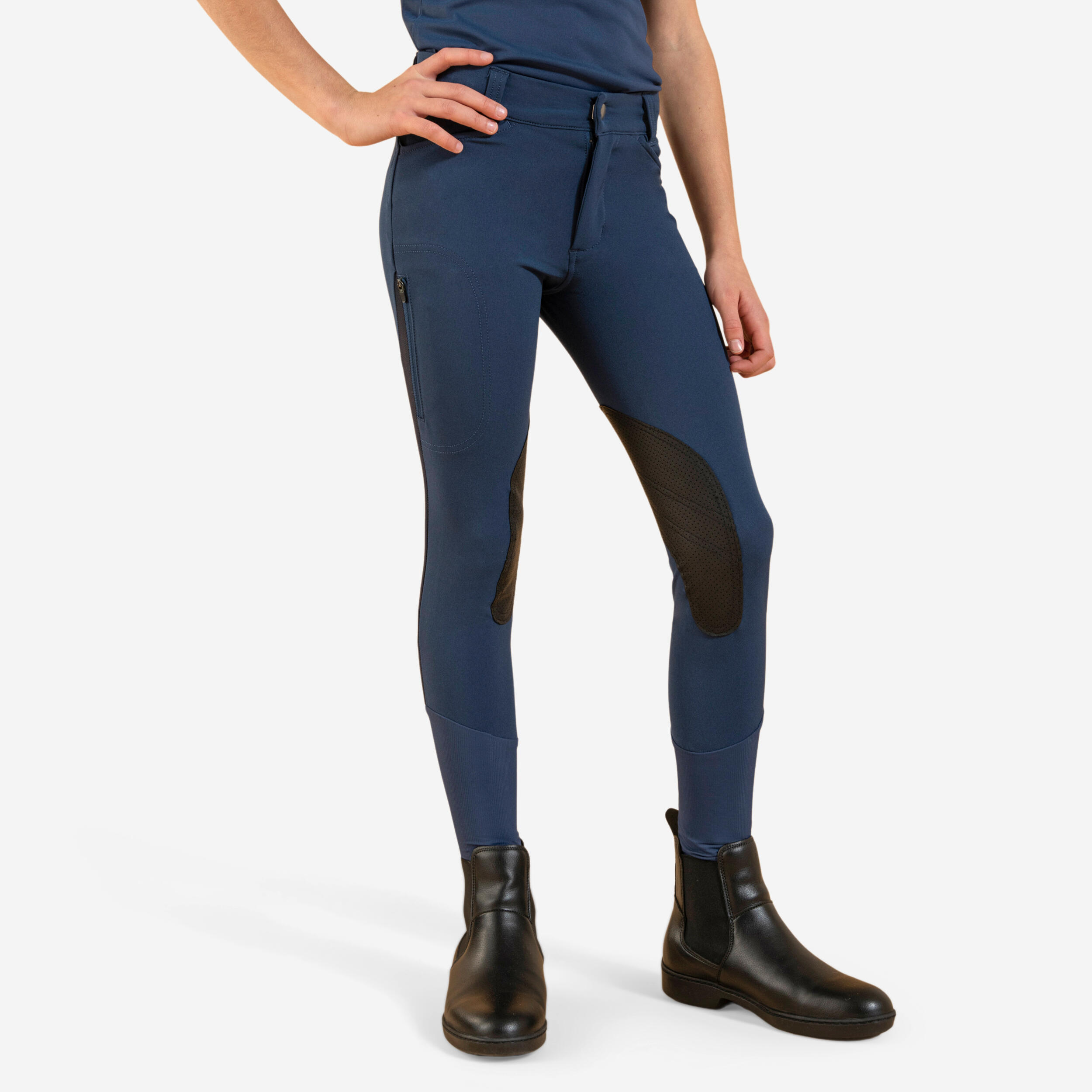 Kids' Lightweight Mesh Riding Jodhpurs with Grippy Suede Patches 500 - Dark Blue