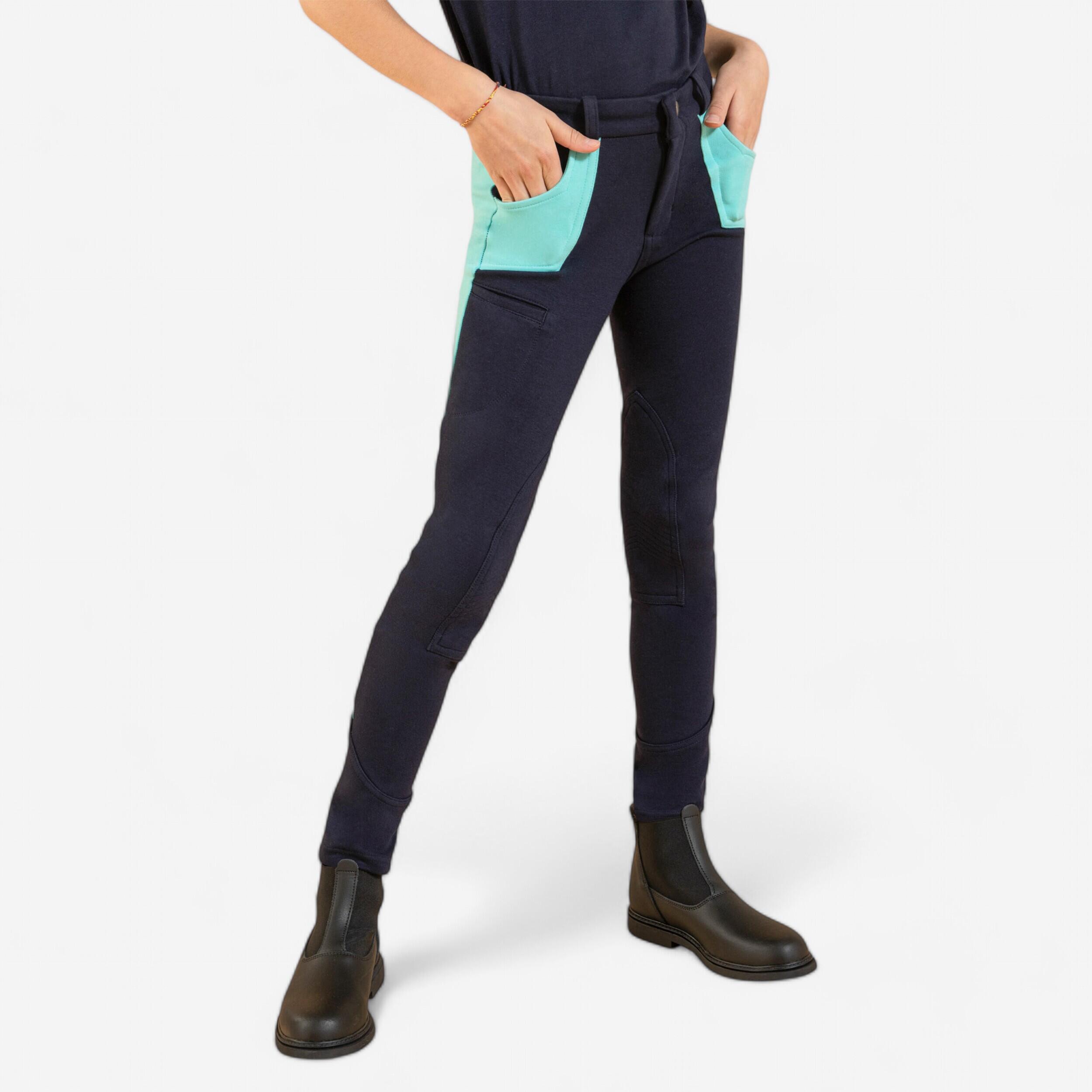 Kids' Horse Riding Jodhpurs 120 - Navy/Turquoise - FOUGANZA