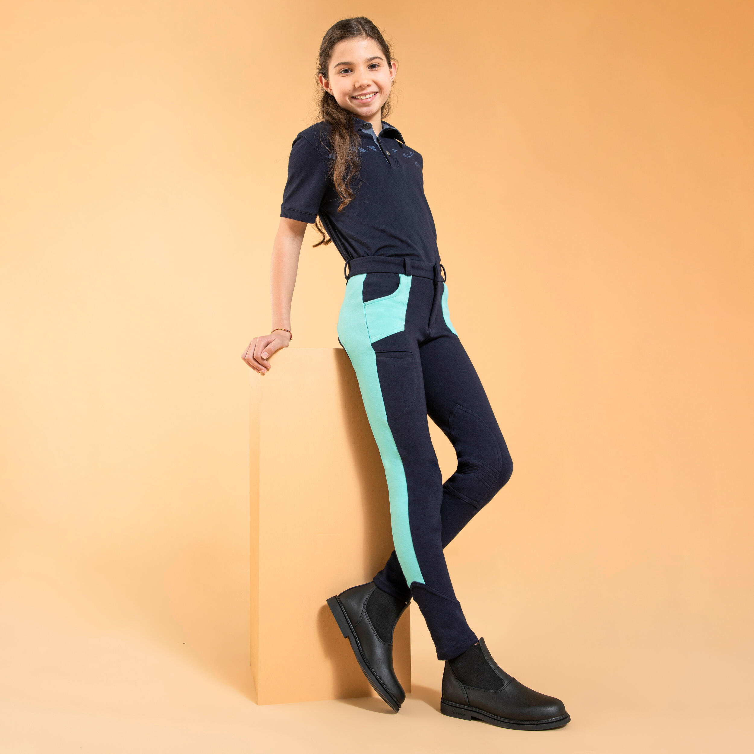 Kids' Horse Riding Jodhpurs 120 - Navy/Turquoise - FOUGANZA