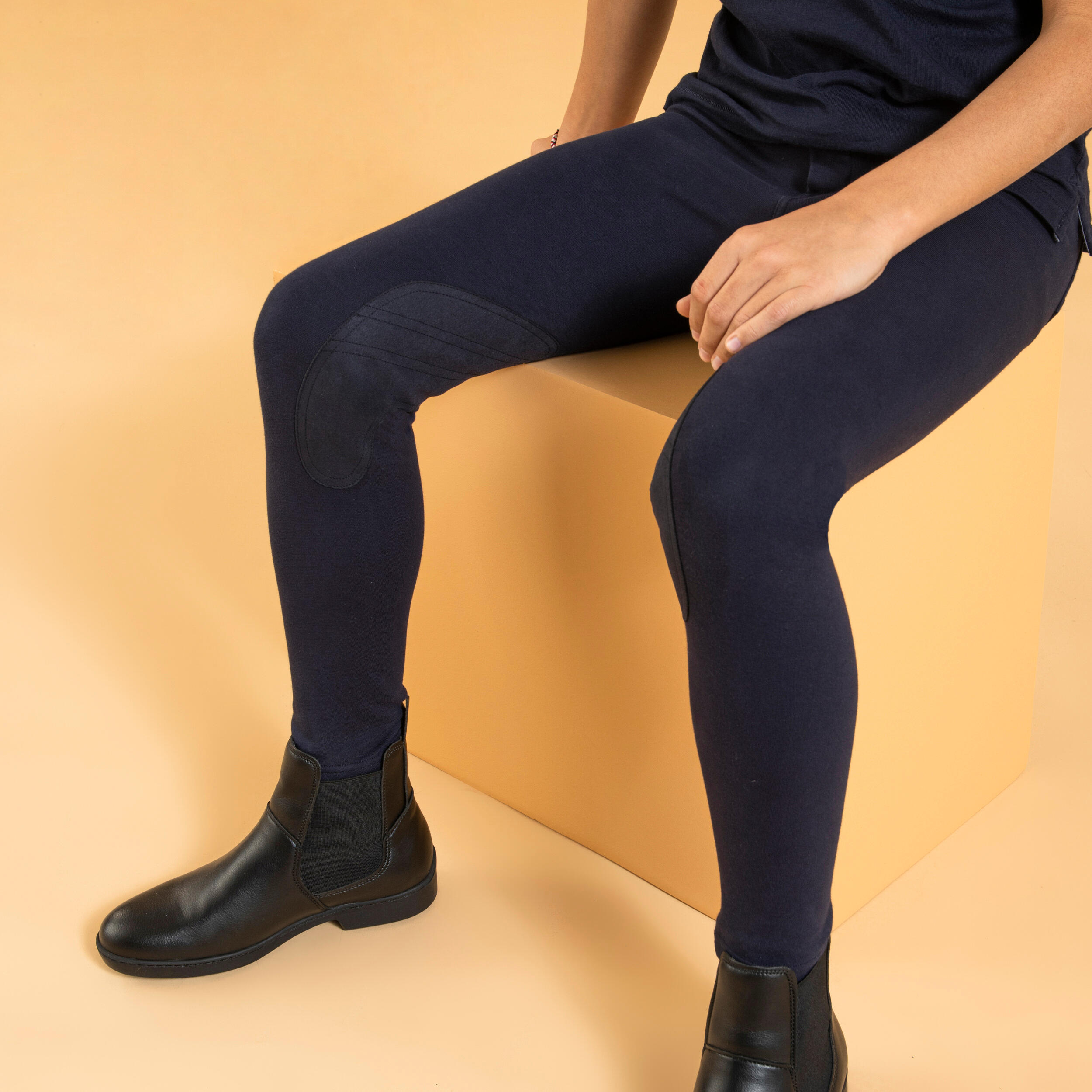 Kids' Horse Riding Suede Patch Jodhpurs 140 - Navy - FOUGANZA