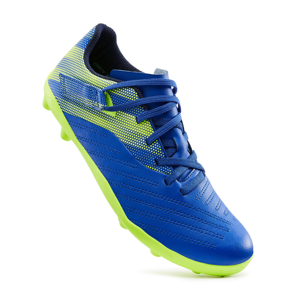 Chaussure de football enfant terrain sec AGILITY 140 FG Scratch Bleue Jaune