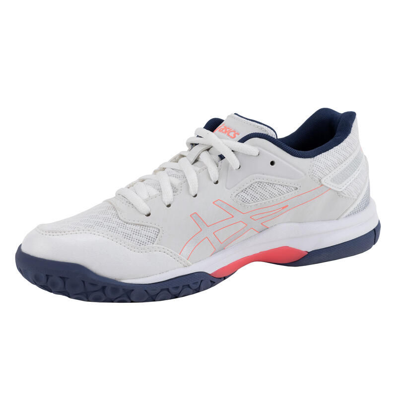 Chaussures de volley-ball Asics femme Gel Spike blanches, bleues et roses.