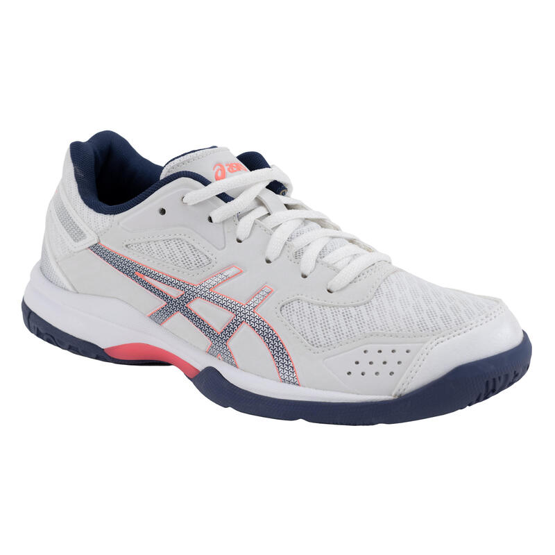 Chaussures de volley-ball Asics femme Gel Spike blanches, bleues et roses.