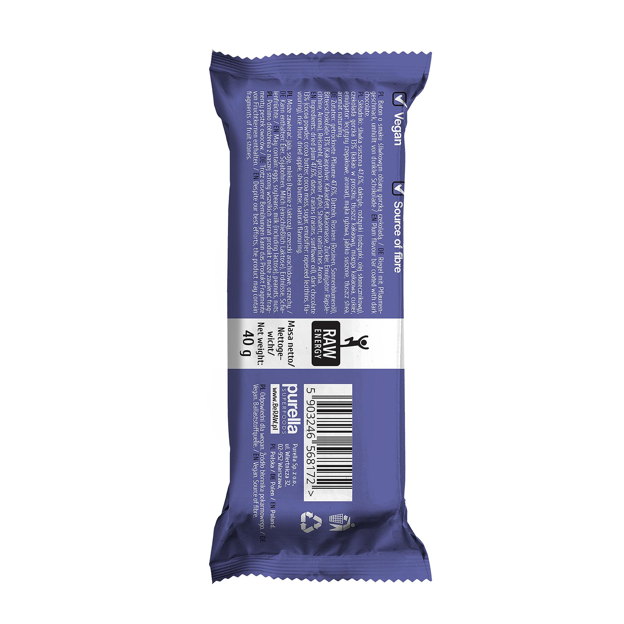Baton BeRaw Energy Plum Chocolate 40g. Baton o smaku śliwkowym z czekoladą. 2/3