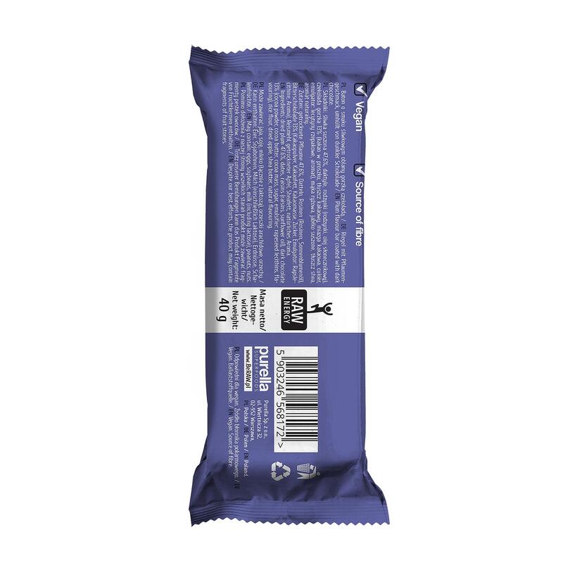 Baton BeRaw Energy Plum Chocolate 40g. Baton o smaku śliwkowym z czekoladą.