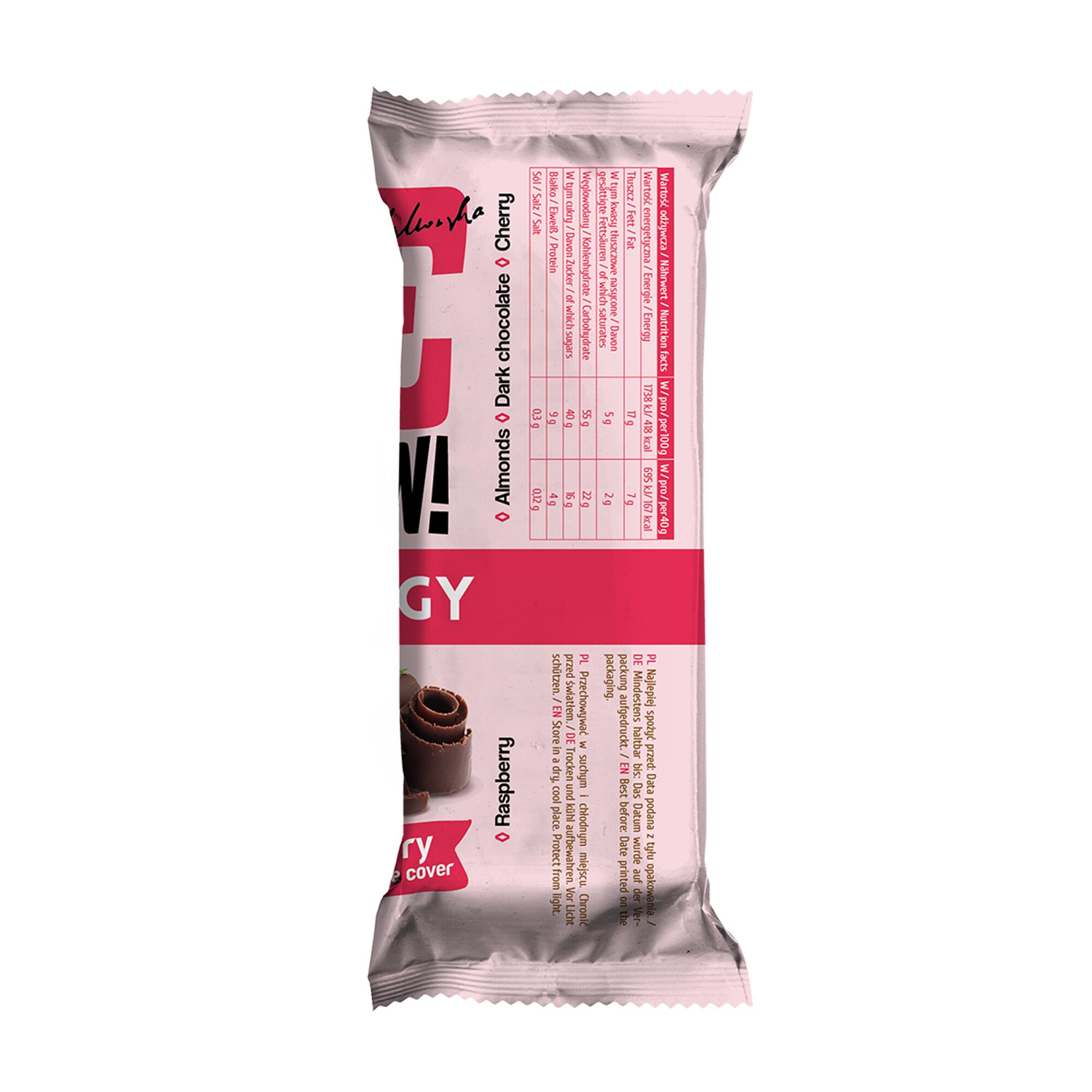 Baton BeRaw Energy Raspberry 40g. Baton o smaku malinowym z gorzką czekoladą 3/3