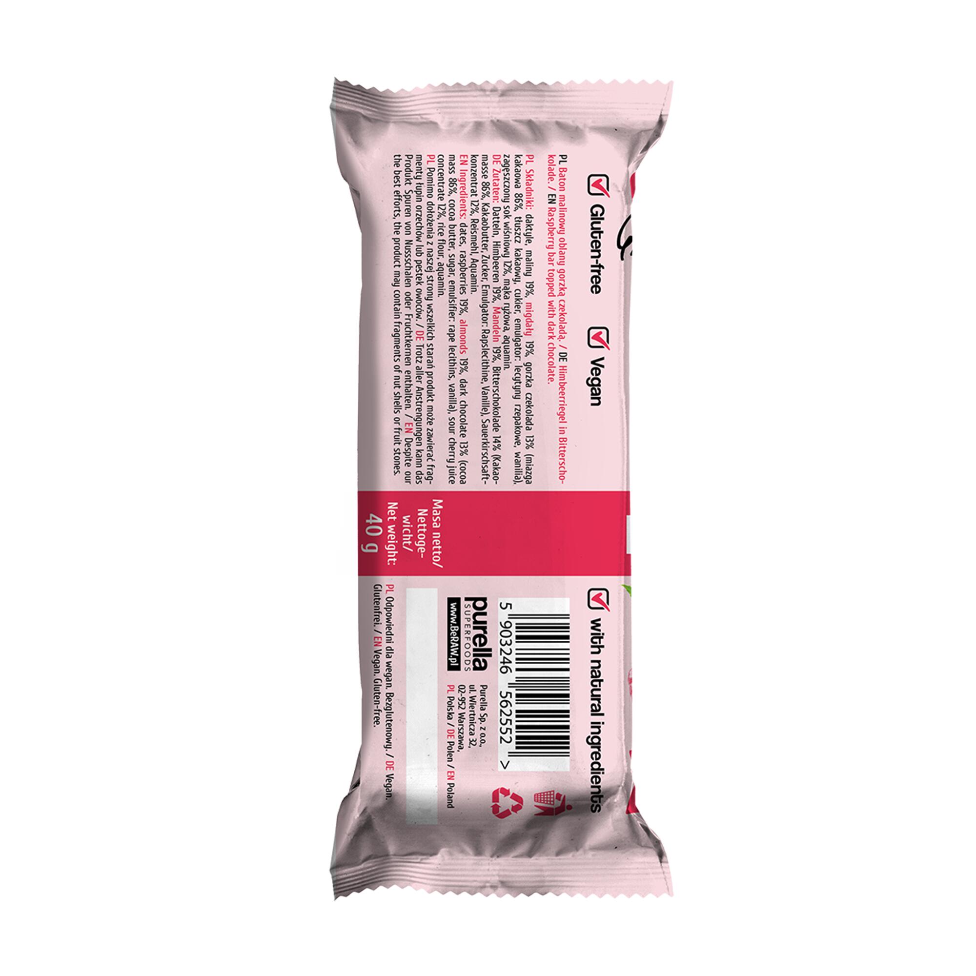 Baton BeRaw Energy Raspberry 40g. Baton o smaku malinowym z gorzką czekoladą 2/3