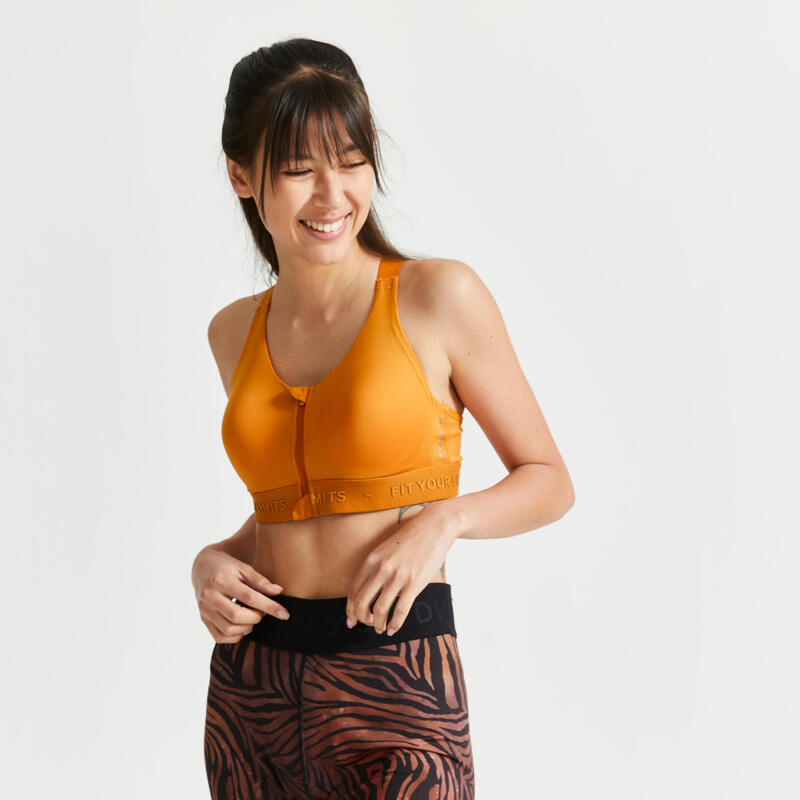 Sujetador top deportivo fitness sujeción alta 920 Mujer Domyos ocre