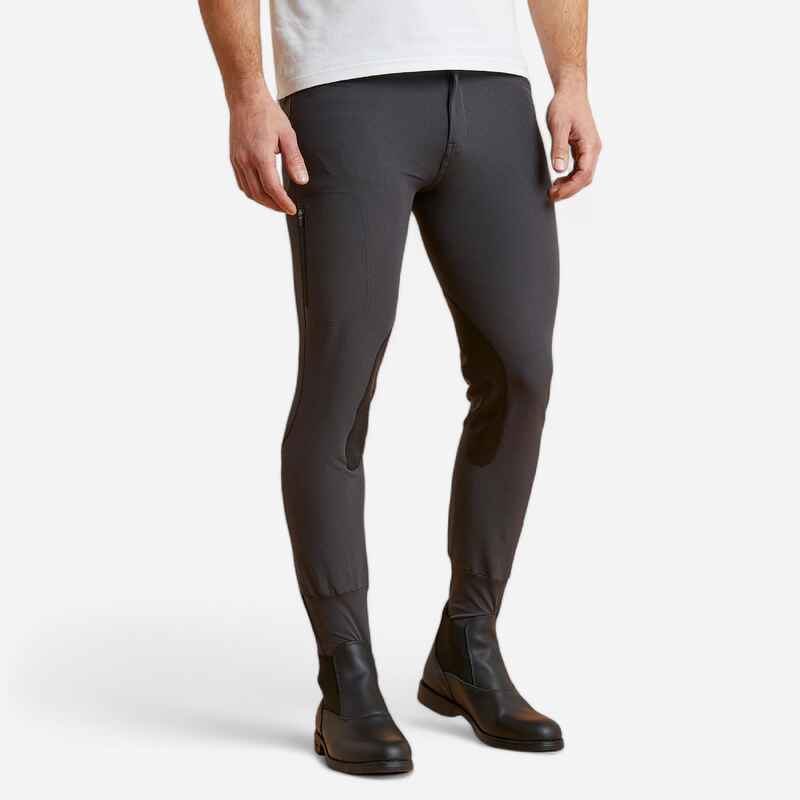 Sommer-Reithose 500 Mesh Kniebesatz Kunstleder Herren grau